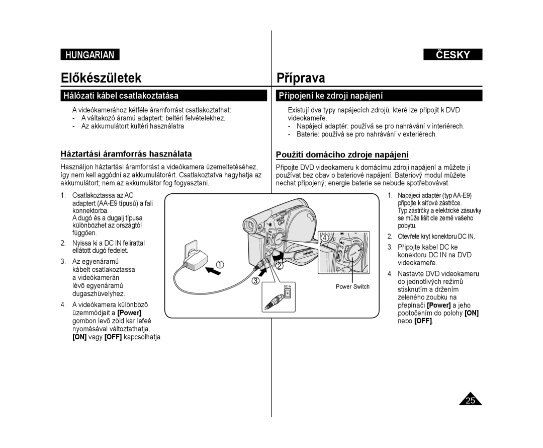 Samsung VP-DC175WB/XEO manual Hálózati kábel csatlakoztatása Připojení ke zdroji napájení, Háztartási áramforrás használata 