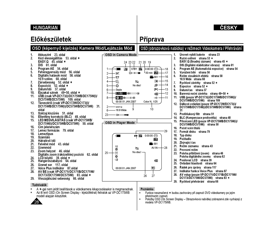 Samsung VP-DC171W/XEO, VP-DC175WB/XEO, VP-DC171/XEO, VP-DC575WB/XEO manual OSD képernyő kijelzés Kamera Mód/Lejátszás Mód 