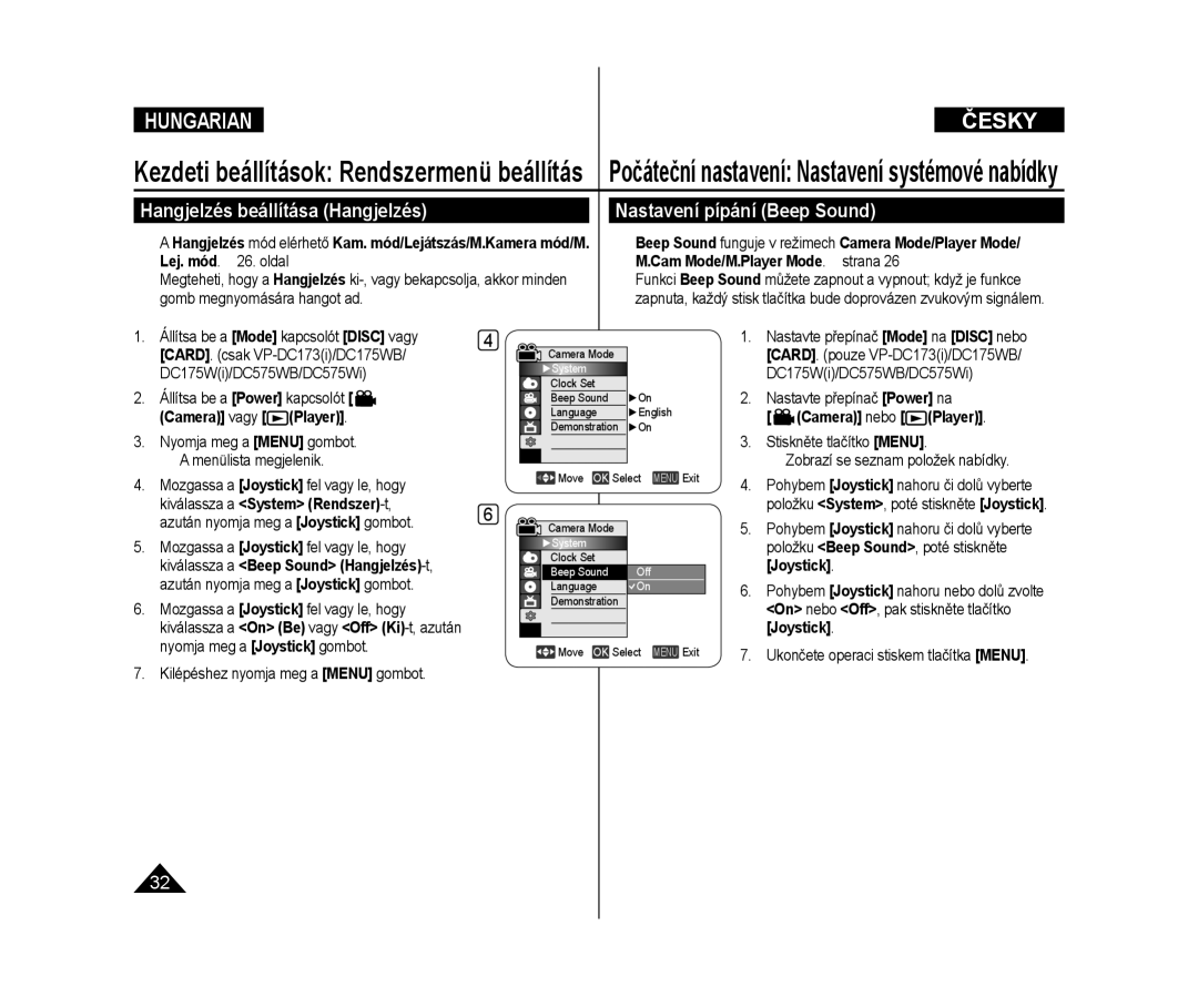 Samsung VP-DC171W/XEO manual Hangjelzés beállítása Hangjelzés, Nastavení pípání Beep Sound, Camera nebo Player, Joystick 
