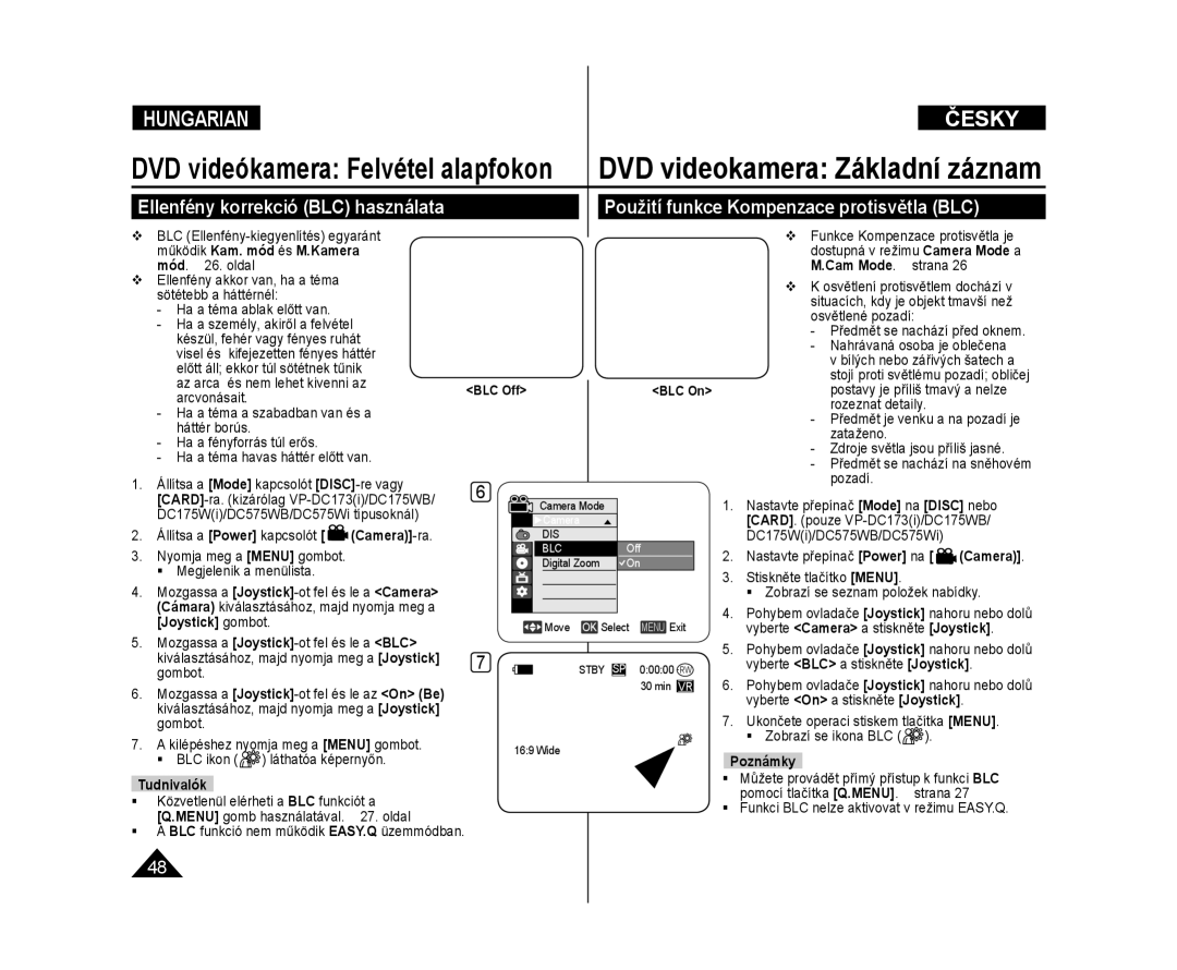 Samsung VP-DC171W/XEO manual Cam Mode. strana, Osvětlené pozadí, Rozeznat detaily, Zataženo,  BLC ikon láthatóa képernyőn 