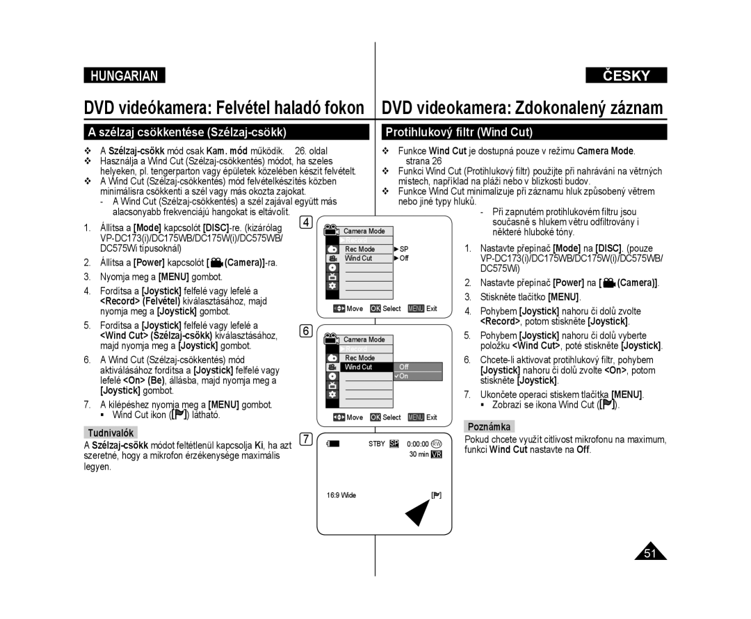 Samsung VP-DC575WB/XEO, VP-DC171W/XEO, VP-DC175WB/XEO manual Protihlukový ﬁltr Wind Cut, Szélzaj csökkentése Szélzaj-csökk 