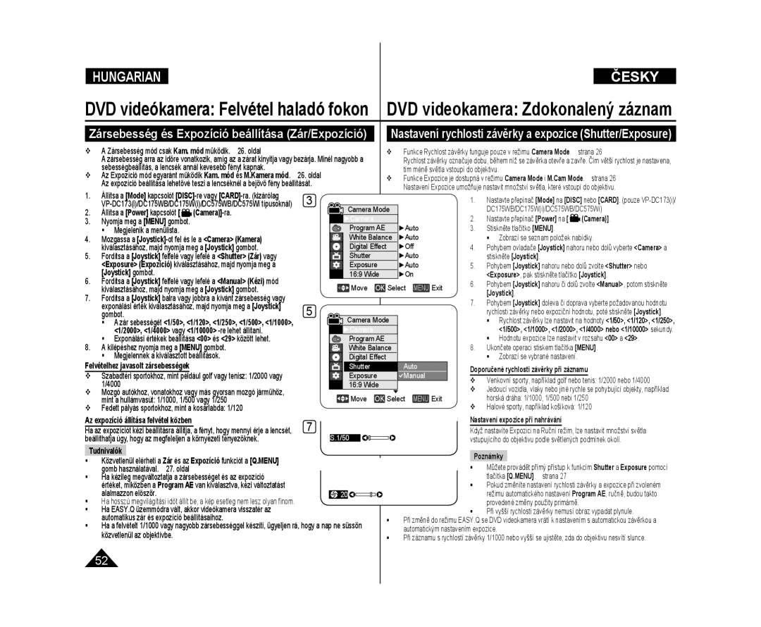 Samsung VP-DC171W/XEO, VP-DC175WB/XEO, VP-DC171/XEO manual Zársebesség és Expozíció beállítása Zár/Expozíció, Joystick gombot 