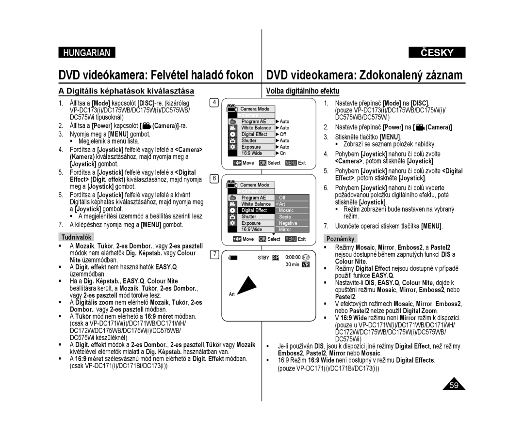 Samsung VP-DC575WB/XEO, VP-DC171W/XEO, VP-DC175WB/XEO, VP-DC171/XEO manual Digitális képhatások kiválasztása 