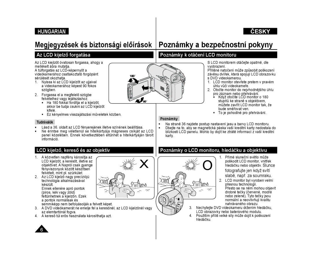 Samsung VP-DC171/XEO manual Az LCD kijelző forgatása, Poznámky k otáčení LCD monitoru, LCD kijelző, kereső és az objektív 