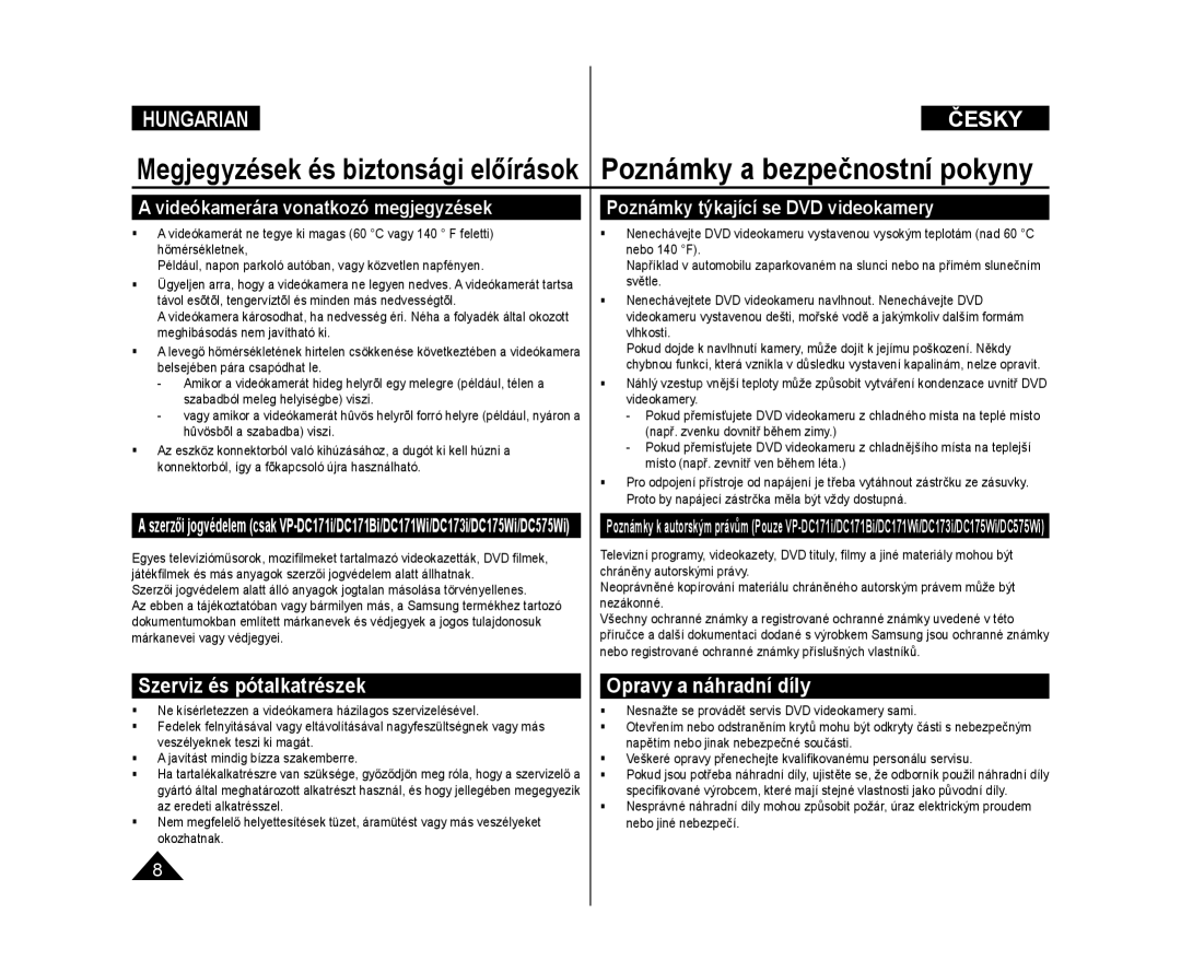 Samsung VP-DC171W/XEO, VP-DC175WB/XEO manual Videókamerára vonatkozó megjegyzések, Poznámky týkající se DVD videokamery 