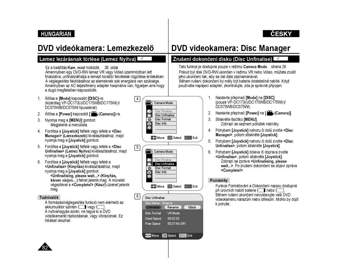 Samsung VP-DC171/XEO manual Lemez lezárásnak törlése Lemez Nyitva DVD-RW, Zrušení dokončení disku Disc Unﬁnalise DVD-RW 