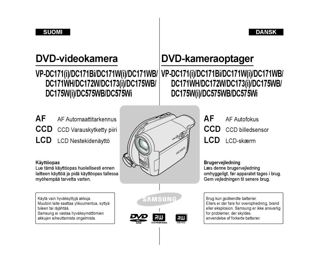 Samsung VP-DC171W/XEE, VP-DC171/XEE, VP-DC172W/XEE manual Käyttöopas, Brugervejledning, Anvendelse af forkerte batterier 