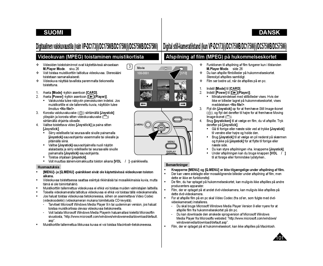 Samsung VP-DC172W/XEE manual Videokuvan Mpeg toistaminen muistikortista, Afspilning af ﬁlm Mpeg på hukommelseskortet 