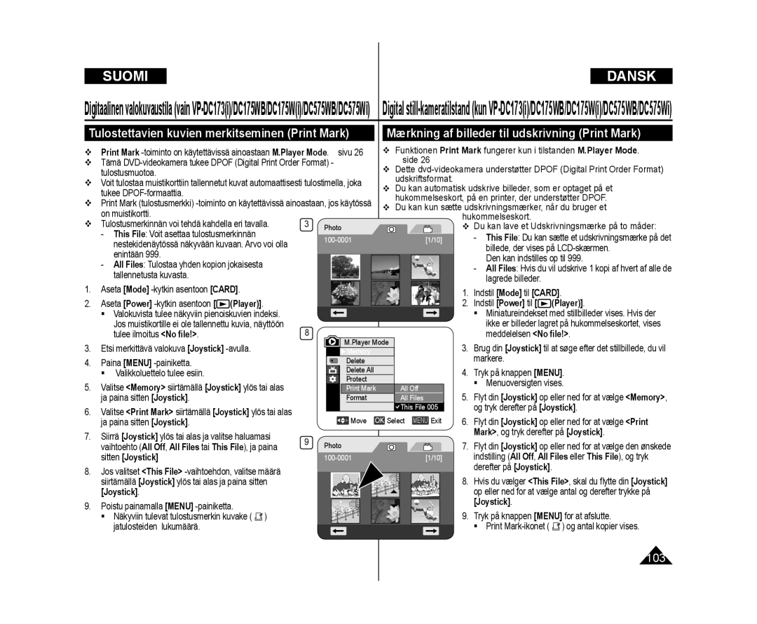 Samsung VP-DC171W/XEE, VP-DC171/XEE manual This File Voit asettaa tulostusmerkinnän, Billede, der vises på LCD-skærmen 