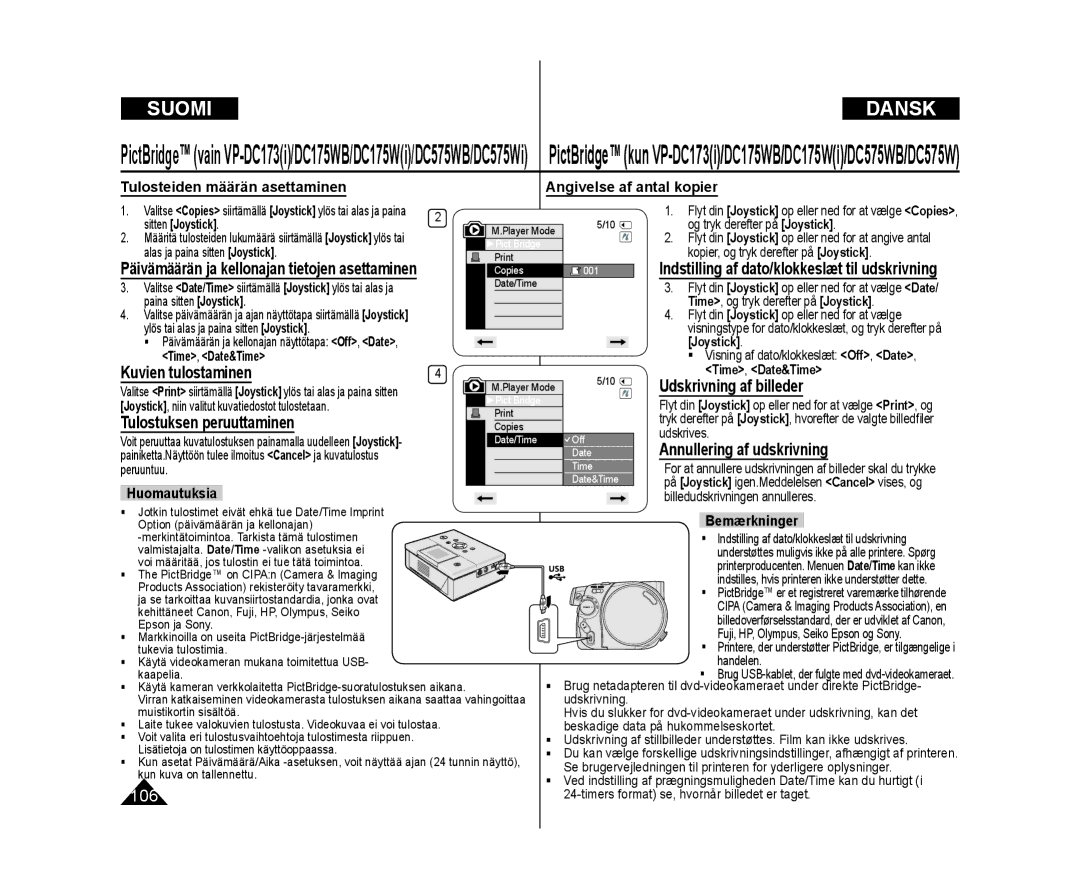 Samsung VP-DC171W/XEE Kuvien tulostaminen, Udskrivning af billeder, Tulostuksen peruuttaminen, Annullering af udskrivning 