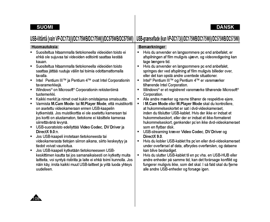 Samsung VP-DC171/XEE, VP-DC171W/XEE, VP-DC172W/XEE manual  USB-streaming kræver Video Codec, DV Driver og DirectX 