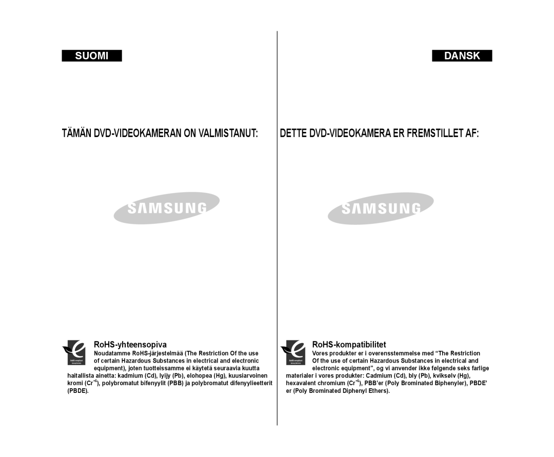 Samsung VP-DC171W/XEE, VP-DC171/XEE, VP-DC172W/XEE manual RoHS-yhteensopiva, RoHS-kompatibilitet 