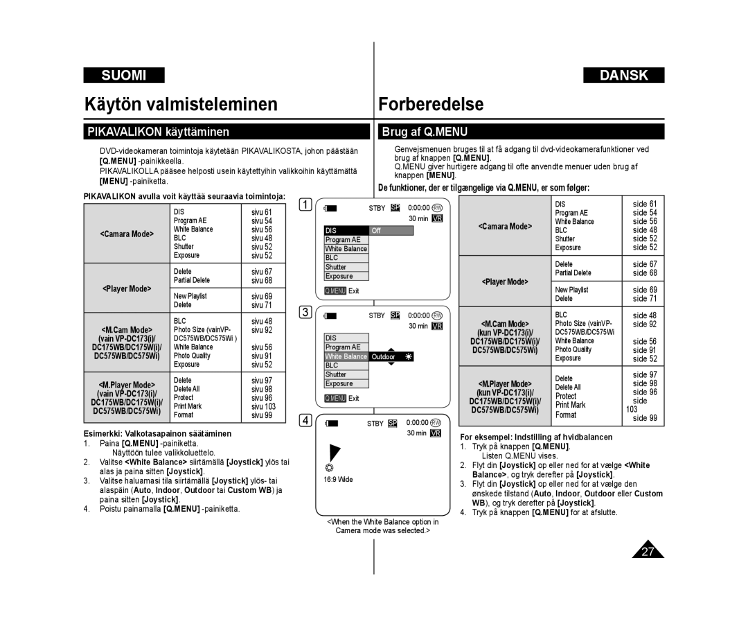 Samsung VP-DC171/XEE, VP-DC171W/XEE manual Pikavalikon käyttäminen, Brug af Q.MENU, Esimerkki Valkotasapainon säätäminen 