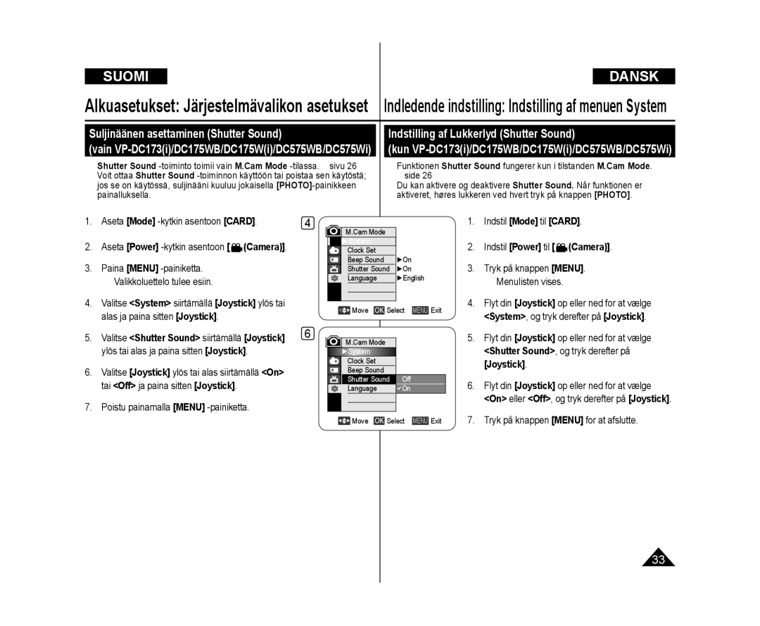 Samsung VP-DC171/XEE Suljinäänen asettaminen Shutter Sound, Indstilling af Lukkerlyd Shutter Sound, Indstil Mode til Card 