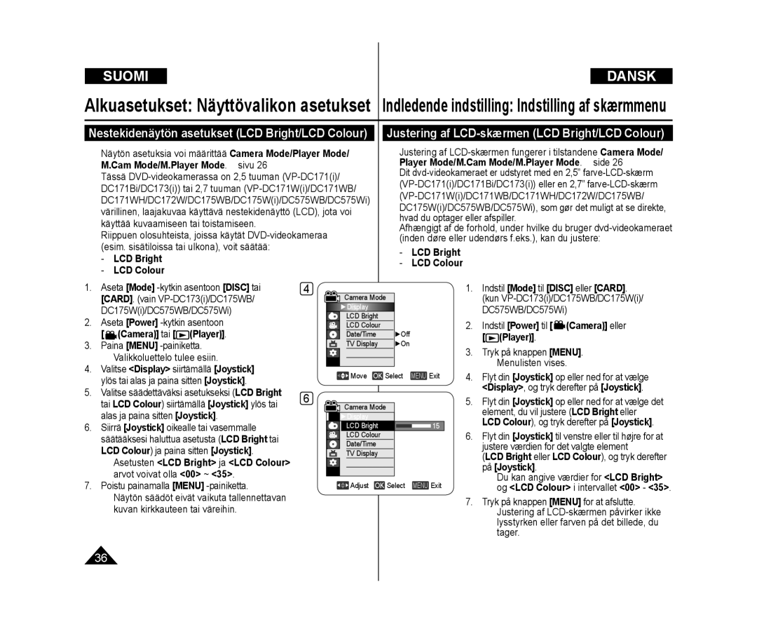 Samsung VP-DC171/XEE manual Justering af LCD-skærmen LCD Bright/LCD Colour, Indledende indstilling Indstilling af skærmmenu 