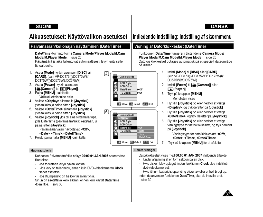 Samsung VP-DC171W/XEE, VP-DC171/XEE Indledende indstilling Indstilling af skærmmenu, Visning af Dato/klokkeslæt Date/Time 