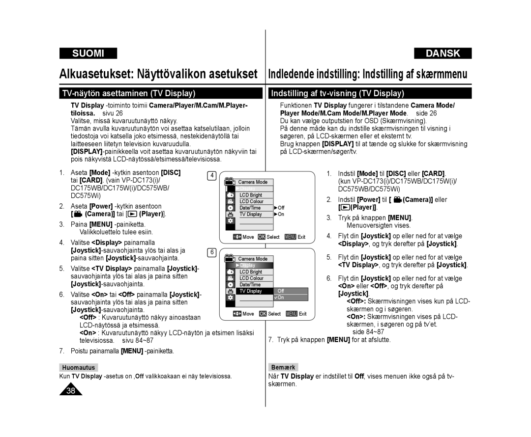 Samsung VP-DC172W/XEE manual TV-näytön asettaminen TV Display, Indstilling af tv-visning TV Display, Indstil Power til 