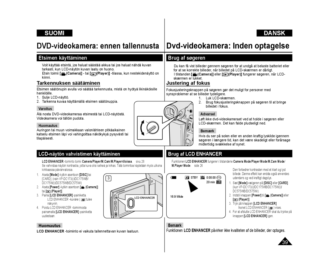 Samsung VP-DC171/XEE, VP-DC171W/XEE manual Etsimen käyttäminen, Tarkennuksen säätäminen Justering af fokus, Brug af søgeren 