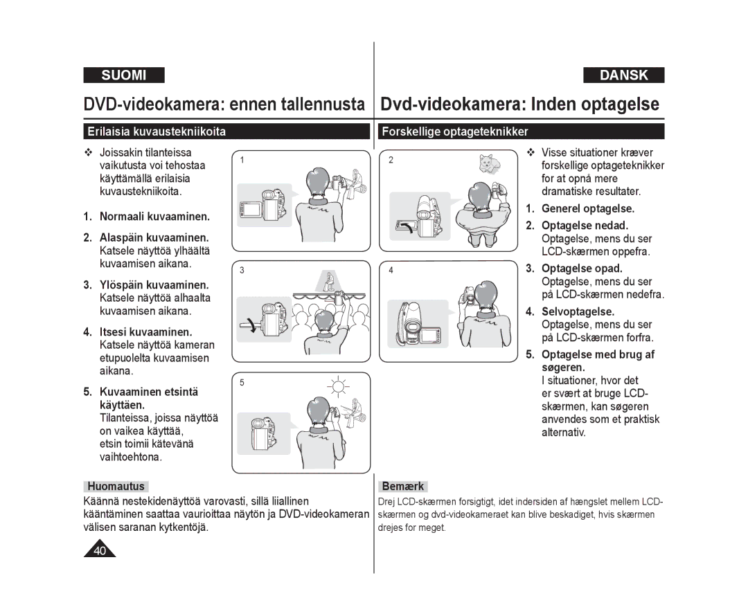 Samsung VP-DC171W/XEE, VP-DC171/XEE, VP-DC172W/XEE manual Forskellige optageteknikker 