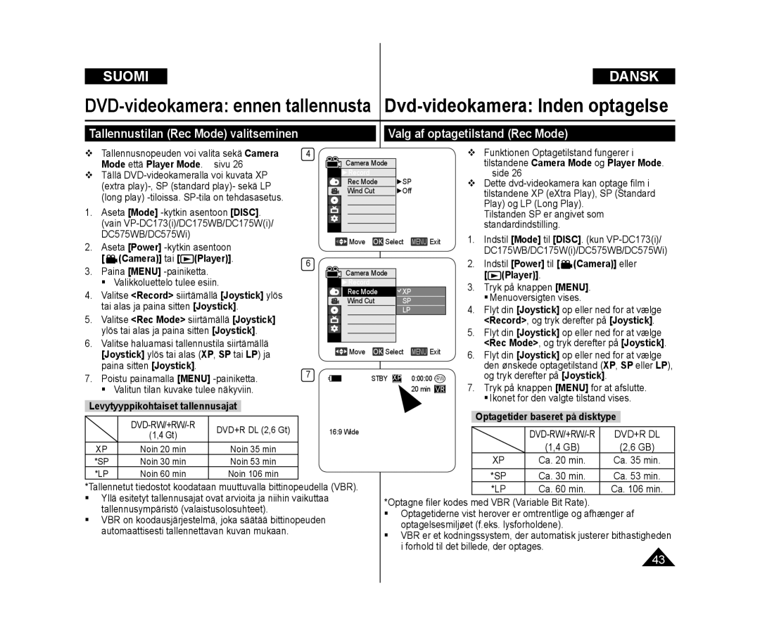 Samsung VP-DC171W/XEE manual Valg af optagetilstand Rec Mode, Mode että Player Mode. sivu, Camera tai Player, Camera eller 