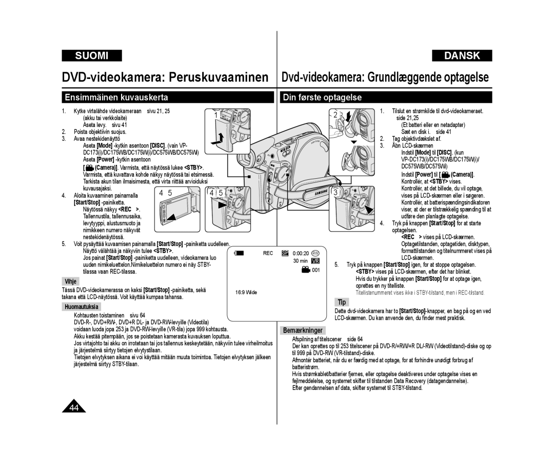 Samsung VP-DC172W/XEE, VP-DC171/XEE manual Ensimmäinen kuvauskerta Din første optagelse, Tip, Start/Stop -painiketta 