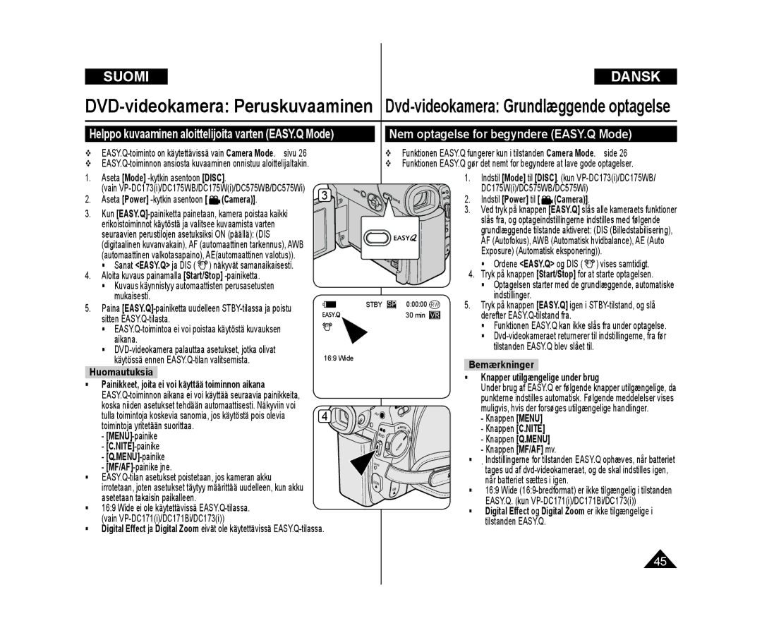 Samsung VP-DC171/XEE, VP-DC171W/XEE Helppo kuvaaminen aloittelijoita varten EASY.Q Mode, Camera, NITE-painike MENU-painike 