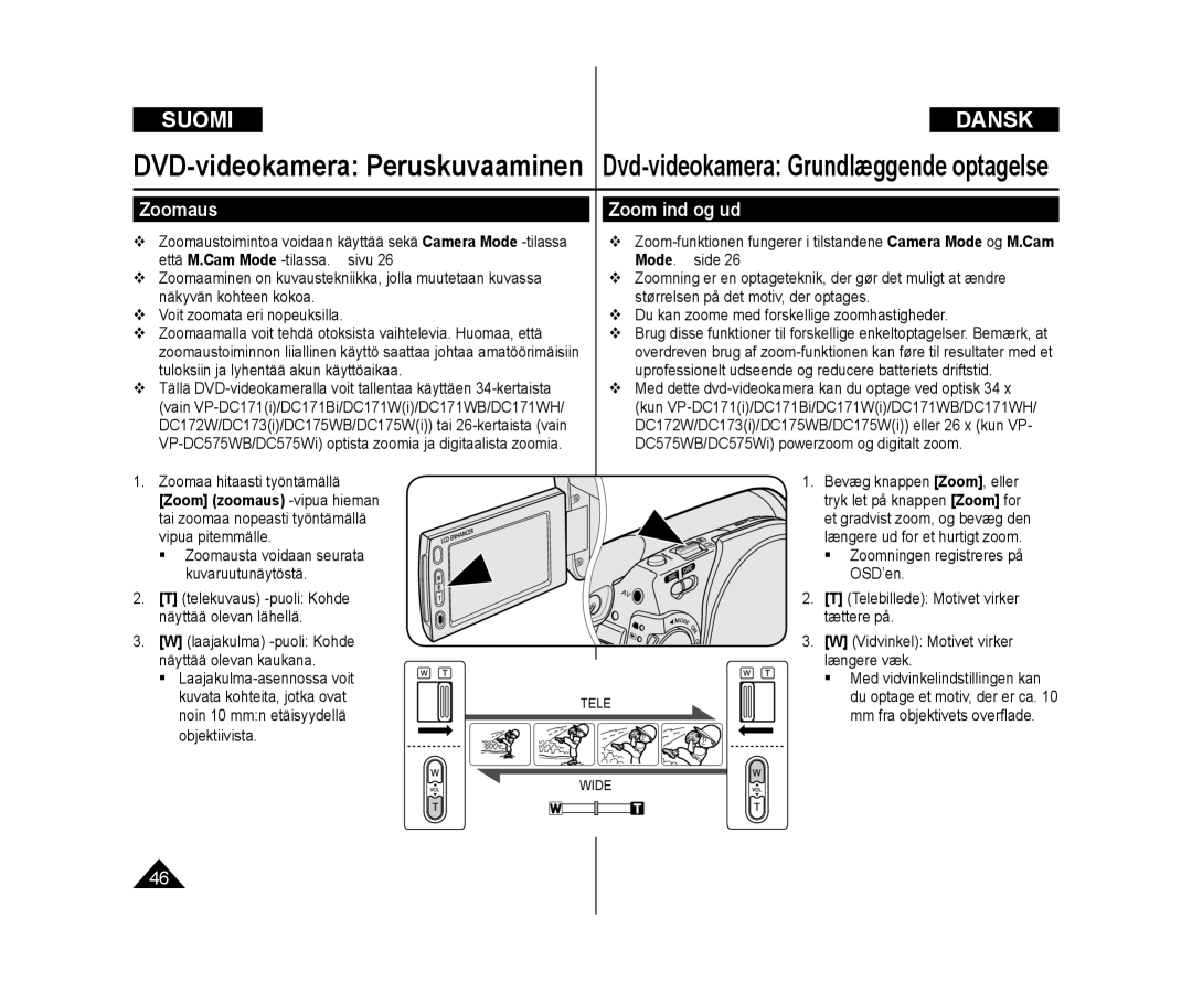 Samsung VP-DC171W/XEE, VP-DC171/XEE, VP-DC172W/XEE manual Zoomaus Zoom ind og ud, Zoom zoomaus -vipua hieman 