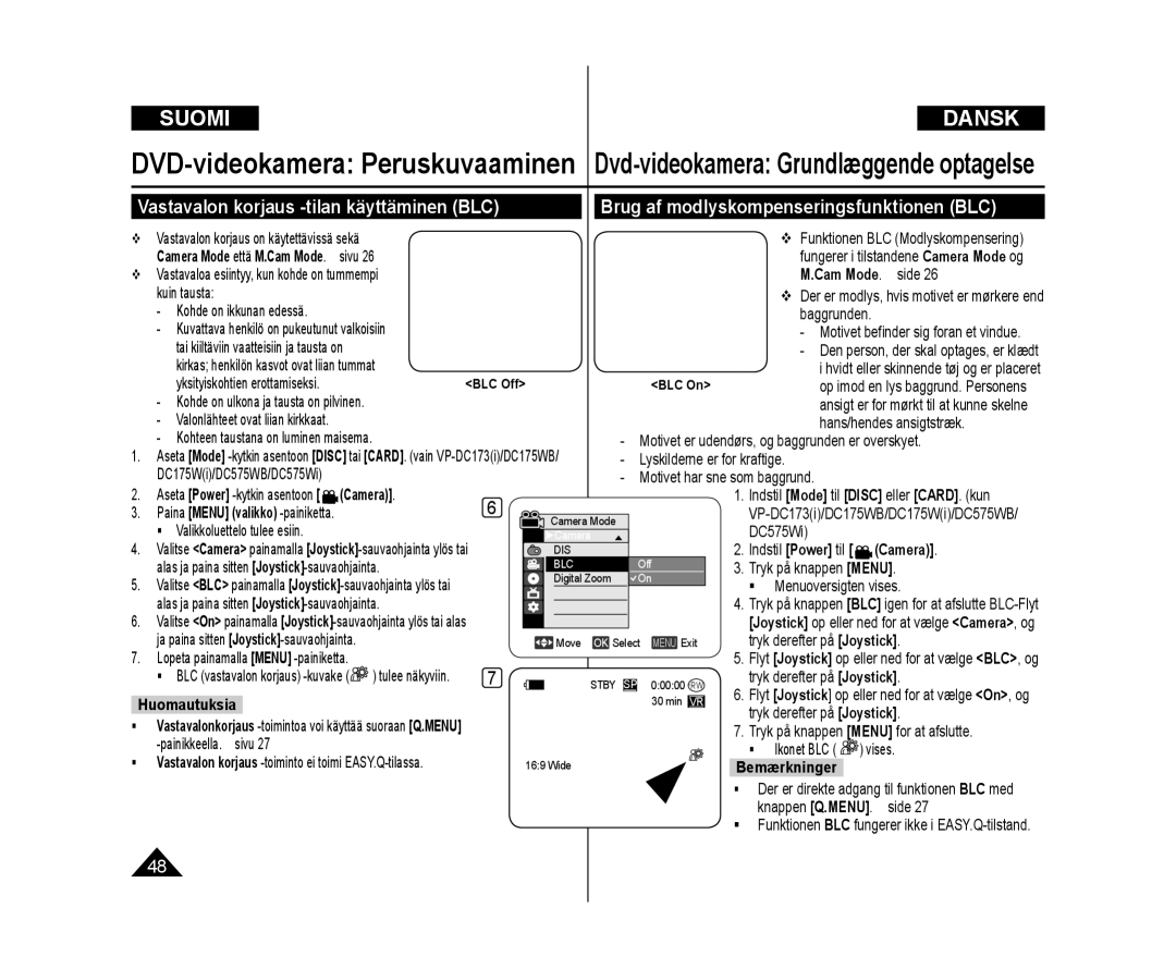 Samsung VP-DC171/XEE Vastavalon korjaus -tilan käyttäminen BLC, Brug af modlyskompenseringsfunktionen BLC, Cam Mode. side 