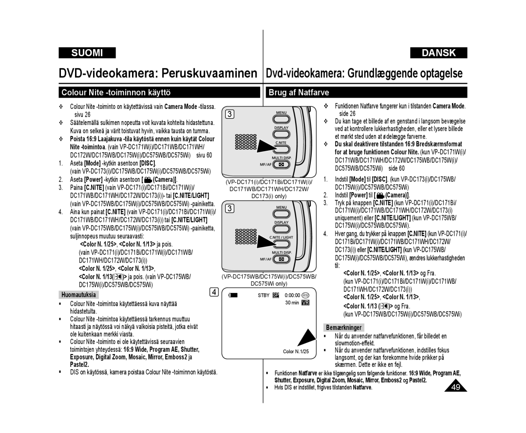 Samsung VP-DC171W/XEE manual Colour Nite -toiminnon käyttö Brug af Natfarve,  Color N /25 , Color N /13 ja pois, Pastel2 