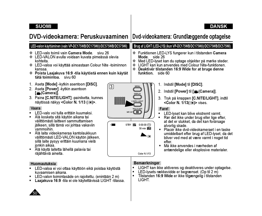 Samsung VP-DC172W/XEE Näytössä näkyy Color N /13 Vaara, Indstil Power til Camera, Fare, Huomautuksia, Bemærkninger 