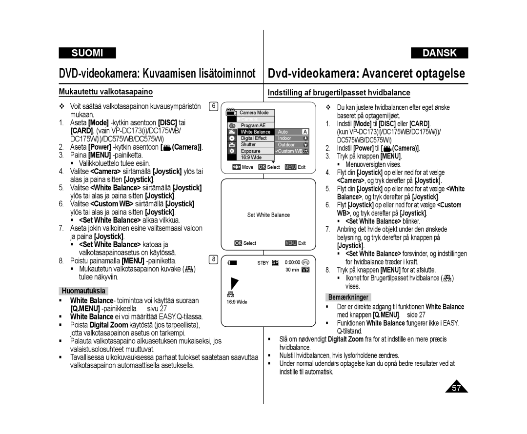 Samsung VP-DC171/XEE Indstil Mode til Disc eller Card, Kun VP-DC173i/DC175WB/DC175Wi,  Set White Balance alkaa vilkkua 