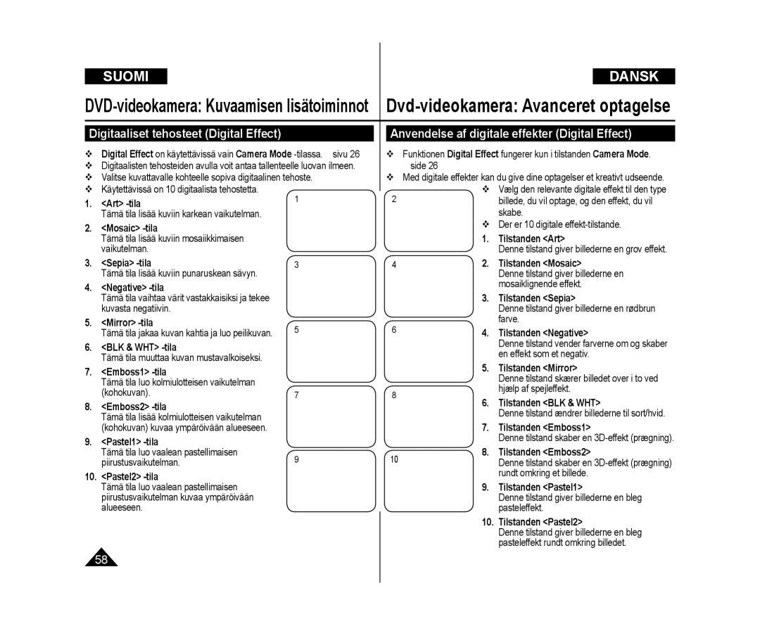 Samsung VP-DC171W/XEE, VP-DC171/XEE Digitaaliset tehosteet Digital Effect, Anvendelse af digitale effekter Digital Effect 