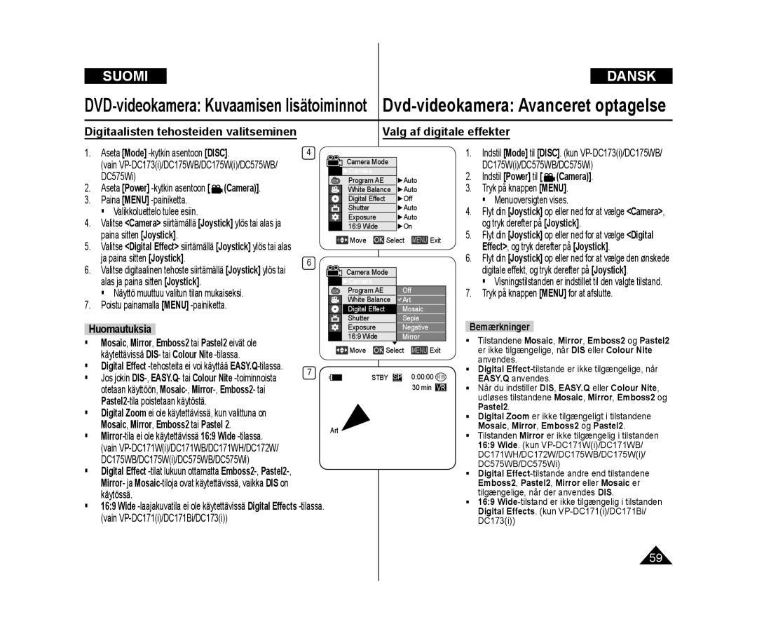 Samsung VP-DC172W/XEE Valg af digitale effekter, Mosaic, Mirror, Emboss2 tai Pastel, Mosaic, Mirror, Emboss2 og Pastel2 