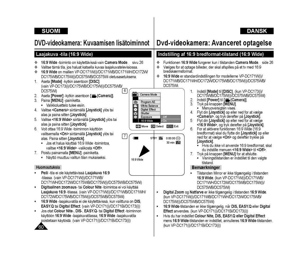 Samsung VP-DC171/XEE, VP-DC171W/XEE manual Laajakuva -tila 169 Wide, Indstilling af 169 bredformat-tilstand 169 Wide 