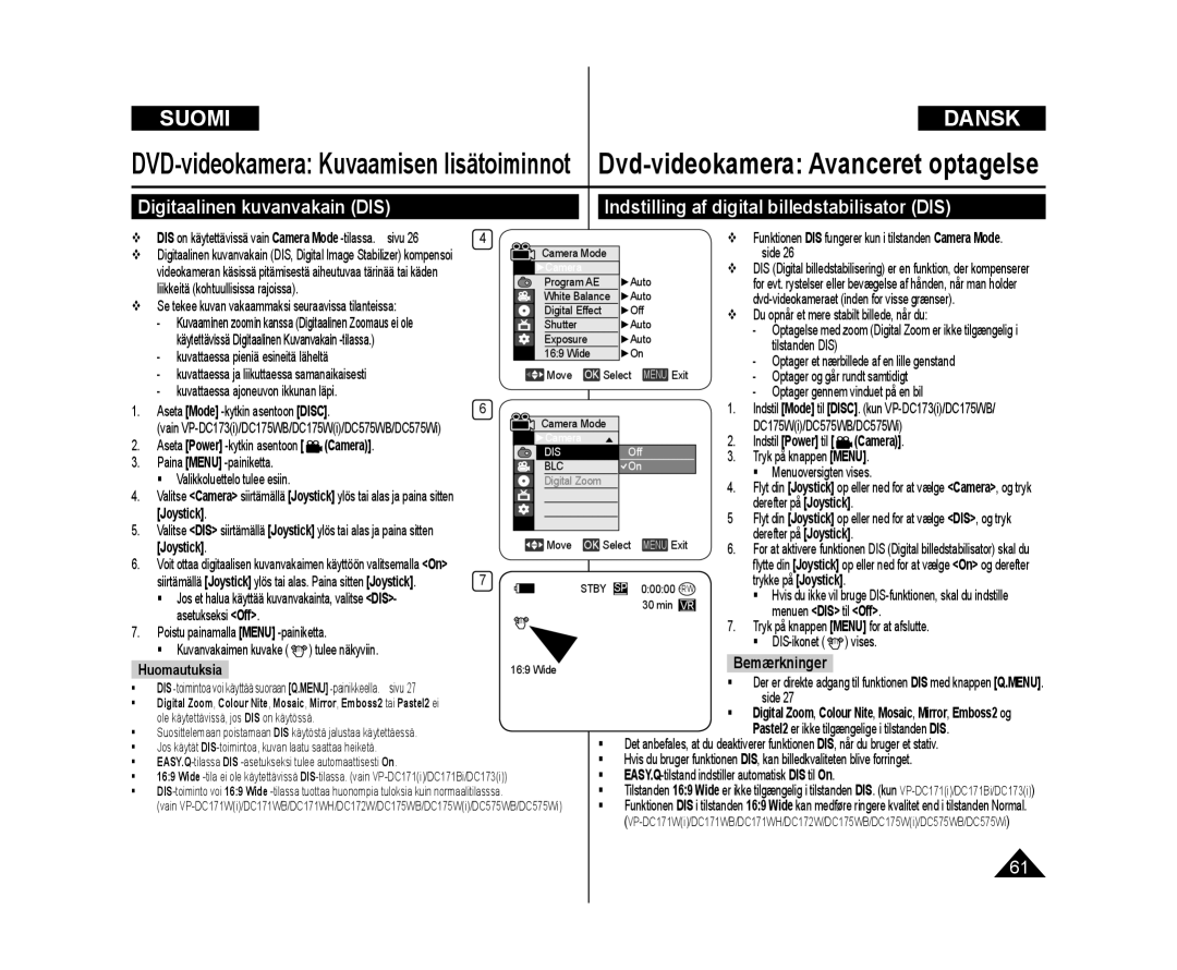 Samsung VP-DC171W/XEE Du opnår et mere stabilt billede, når du, Kuvattaessa pieniä esineitä läheltä, Derefter på Joystick 