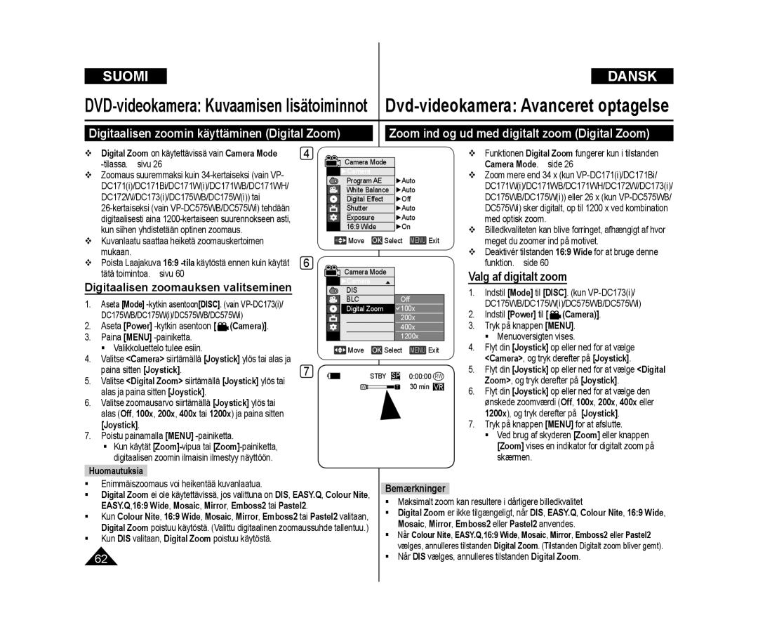 Samsung VP-DC172W/XEE, VP-DC171/XEE, VP-DC171W/XEE manual Digitaalisen zoomin käyttäminen Digital Zoom, Valg af digitalt zoom 