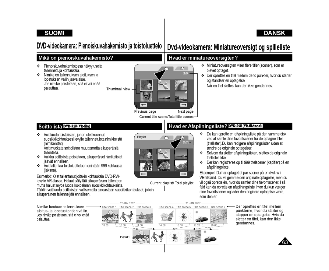 Samsung VP-DC171/XEE, VP-DC171W/XEE Mikä on pienoiskuvahakemisto? Hvad er miniatureoversigten?, Soittolista DVD-RW VR-tila 