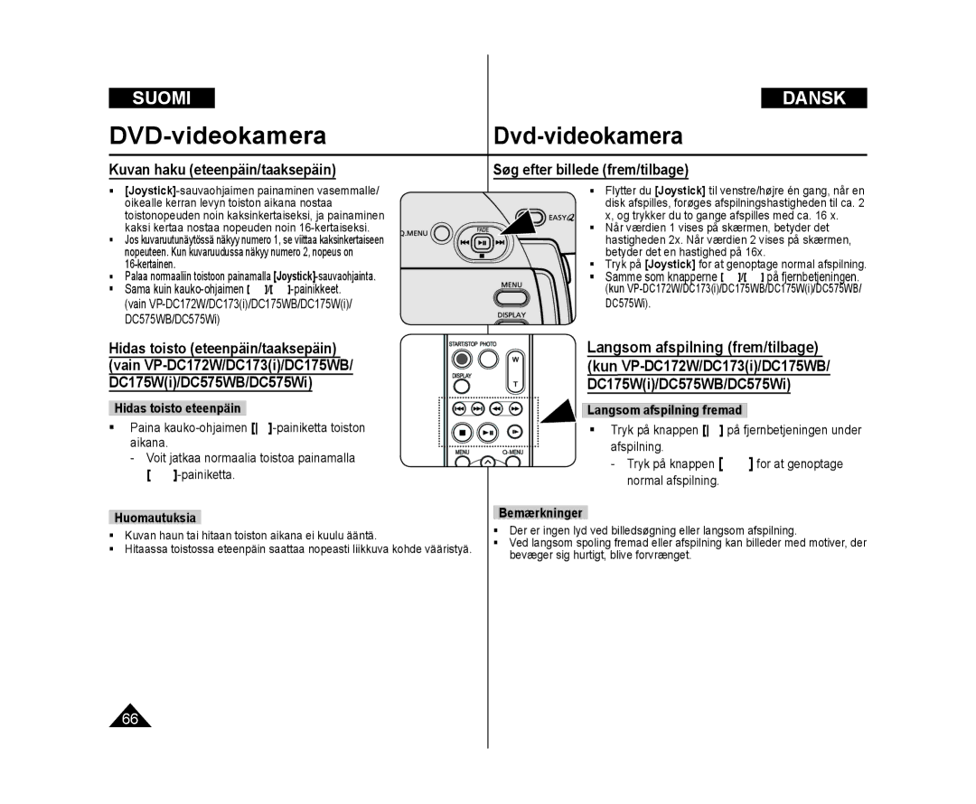 Samsung VP-DC171/XEE manual Kuvan haku eteenpäin/taaksepäin, Søg efter billede frem/tilbage, DC175Wi/DC575WB/DC575Wi 