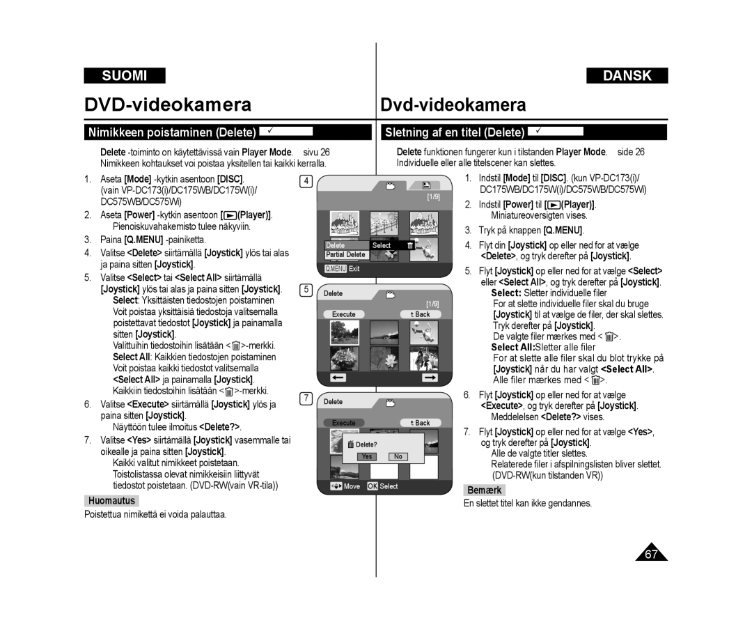 Samsung VP-DC171W/XEE, VP-DC171/XEE, VP-DC172W/XEE manual Select All ja painamalla Joystick, Bemærk Huomautus 