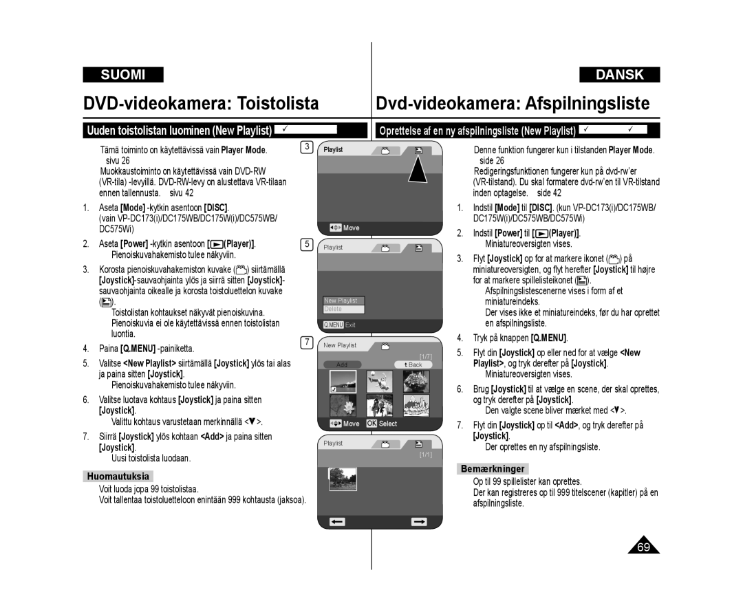 Samsung VP-DC171/XEE DVD-videokamera Toistolista, Dvd-videokamera Afspilningsliste, Luontia, Indstil Power til Player 