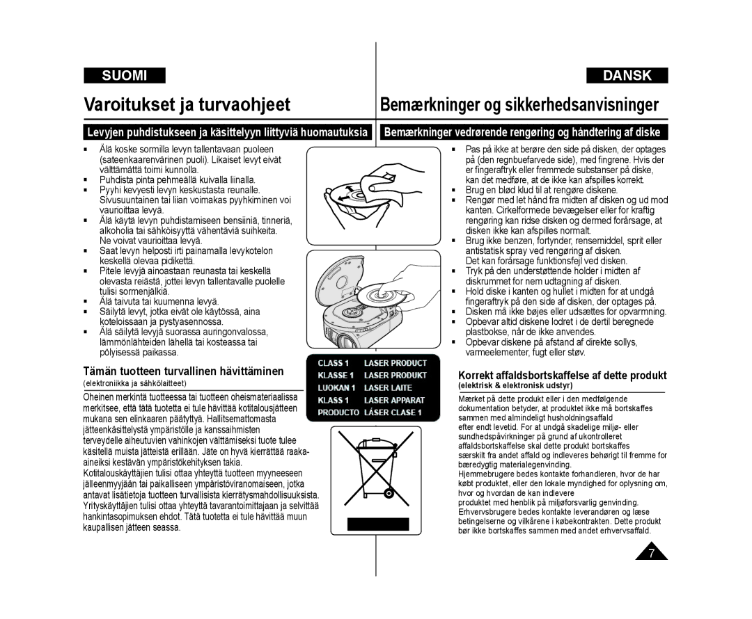 Samsung VP-DC171W/XEE Tämän tuotteen turvallinen hävittäminen, Bemærkninger vedrørende rengøring og håndtering af diske 