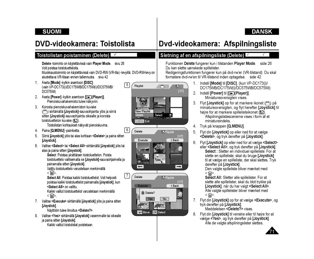 Samsung VP-DC172W/XEE, VP-DC171/XEE Toistolistan poistaminen Delete DVD-RWVR-tila,  Du kan slette uønskede spillelister 