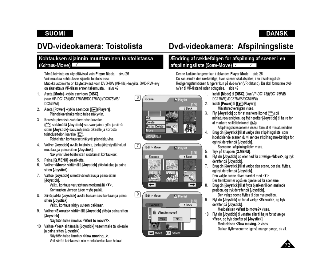 Samsung VP-DC171W/XEE, VP-DC171/XEE manual Afspilningsliste Scene-Move DVD-RWVR-tilstand, Kohtaus-MoveDVD-RW VR-tila 