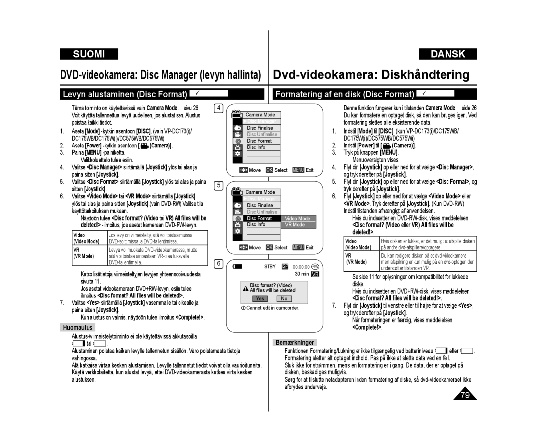 Samsung VP-DC171W/XEE, VP-DC171/XEE manual DVD-videokamera Disc Manager levyn hallinta, Poistaa kaikki tiedot, Diske 