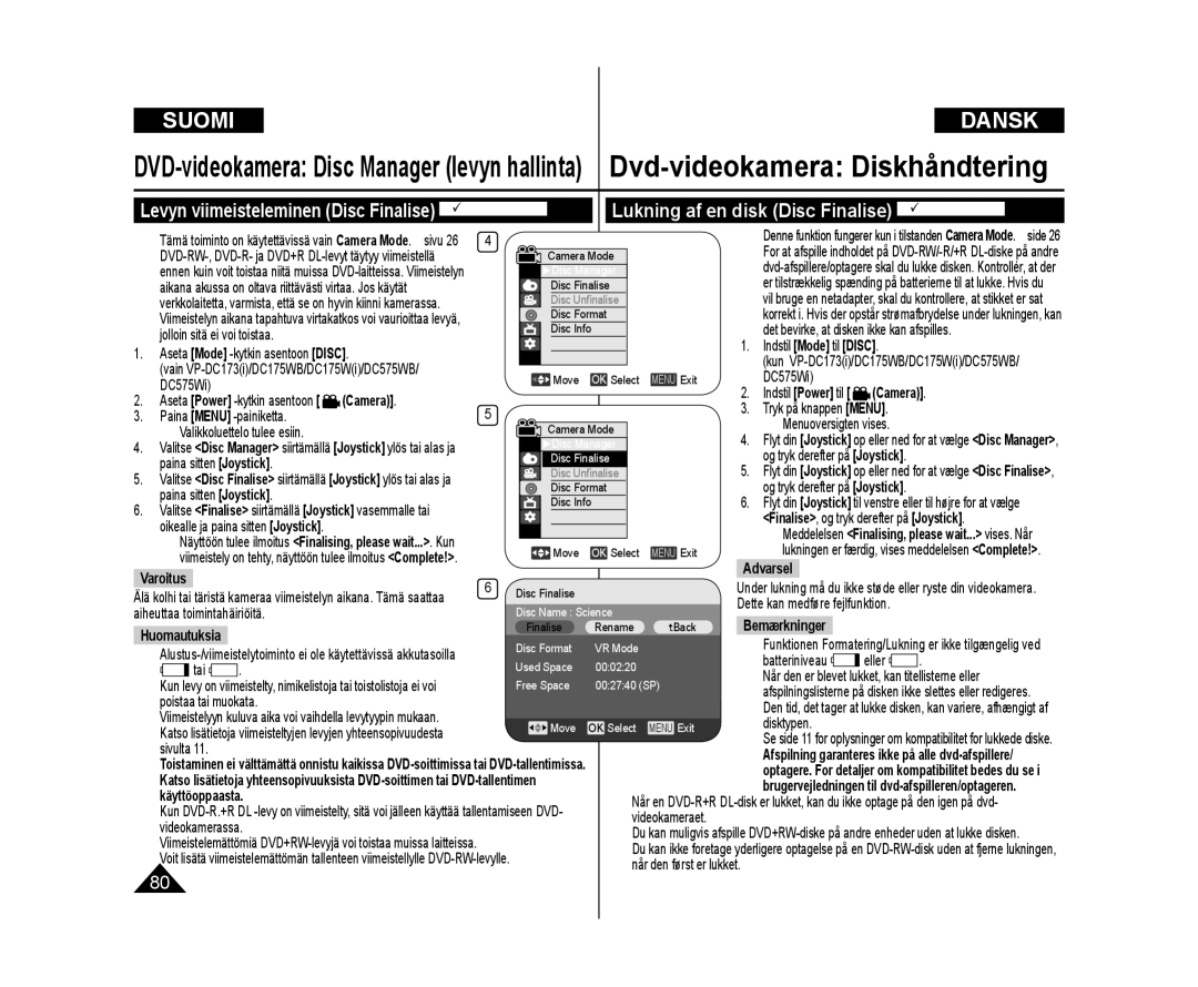 Samsung VP-DC172W/XEE, VP-DC171/XEE manual Lukning af en disk Disc Finalise DVD-RW/-R/+R DL, Varoitus, Käyttöoppaasta 