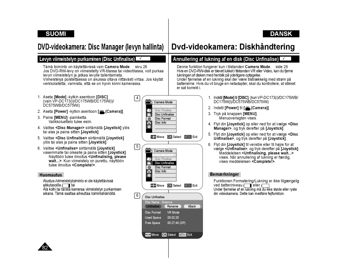 Samsung VP-DC171W/XEE, VP-DC171/XEE manual Annullering af lukning af en disk Disc Unﬁnalise DVD-RW, Akkutasoilla tai 