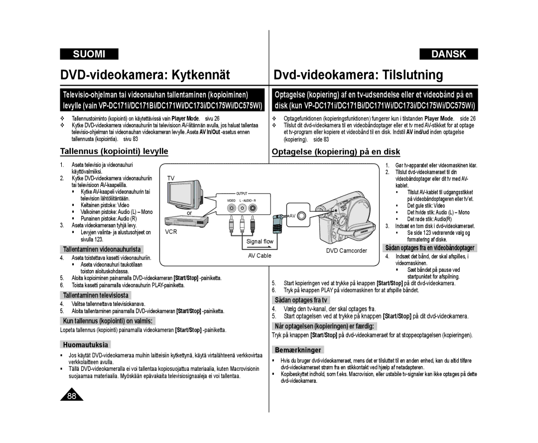 Samsung VP-DC171W/XEE, VP-DC171/XEE, VP-DC172W/XEE manual Tallennus kopiointi levylle, Optagelse kopiering på en disk 