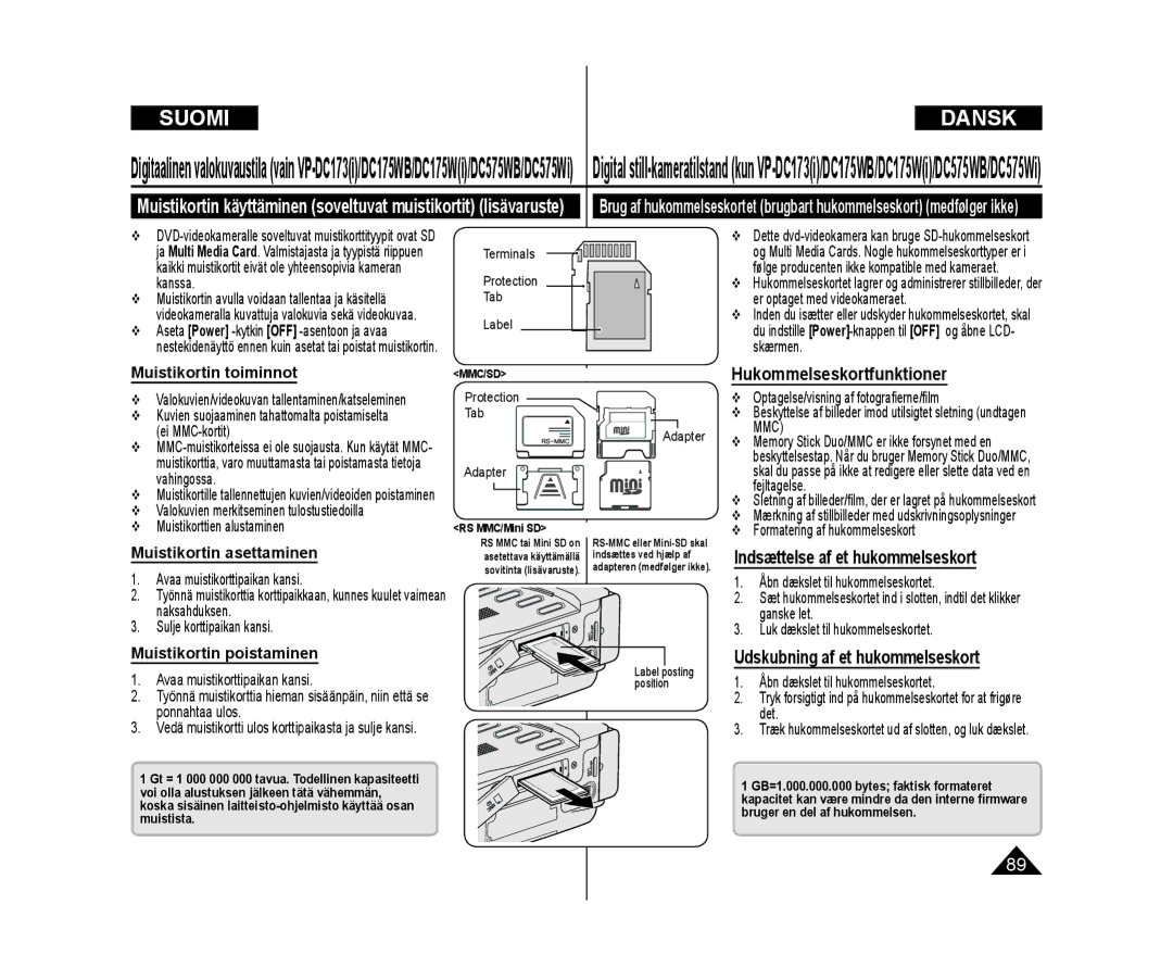 Samsung VP-DC172W/XEE manual Hukommelseskortfunktioner, Indsættelse af et hukommelseskort, Udskubning af et hukommelseskort 