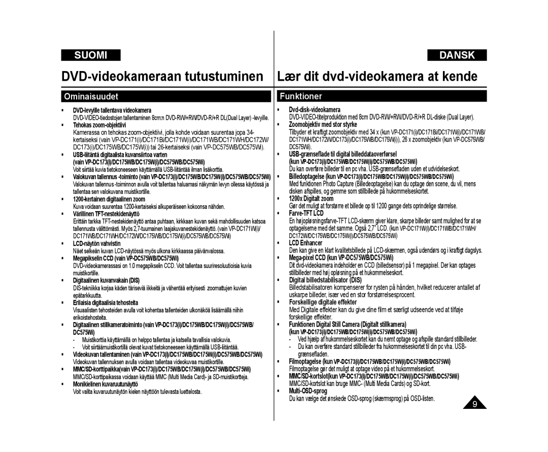 Samsung VP-DC171/XEE, VP-DC171W/XEE, VP-DC172W/XEE manual DVD-videokameraan tutustuminen, Ominaisuudet, Funktioner 