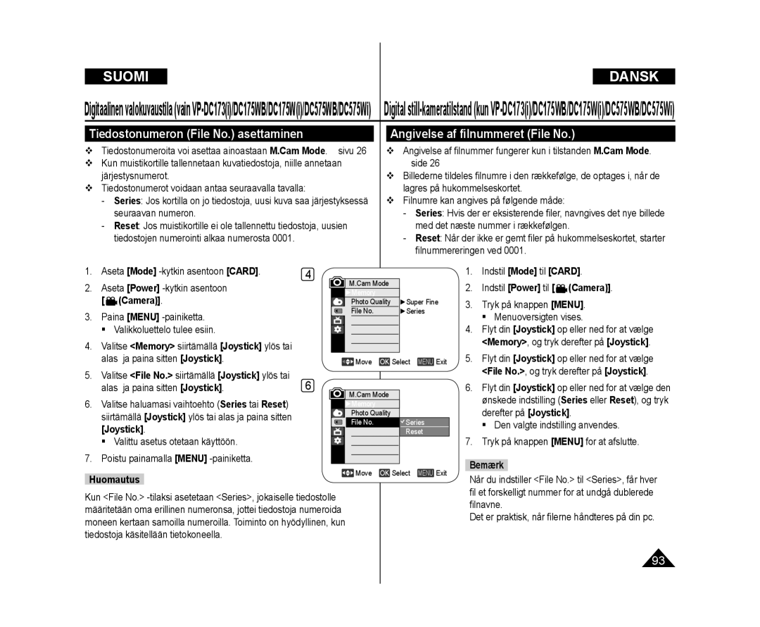 Samsung VP-DC171/XEE, VP-DC171W/XEE, VP-DC172W/XEE Tiedostonumeron File No. asettaminen, Angivelse af ﬁlnummeret File No 